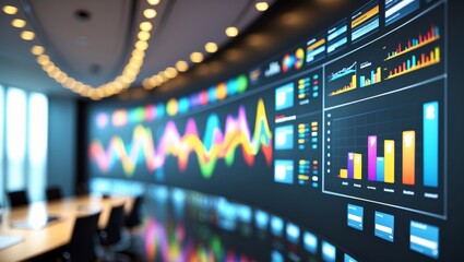Data visualization displays trends and analytics in a modern office environment during a business meeting