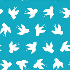 Seamless pattern with swallow silhouette on color background. Cute bird in flight. Vector illustration. Doodle style. Design for invitation, poster, card, fabric, textile.