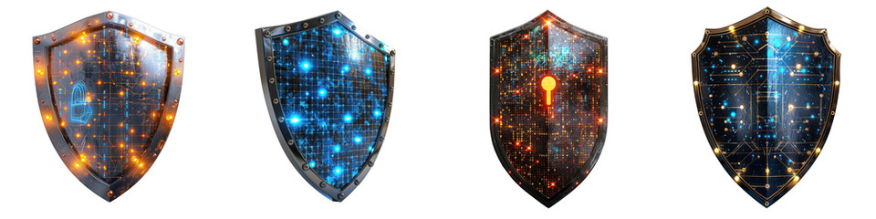 Digital Cybersecurity Shields with Matrix Design and Isolated Background for Protecting Information...