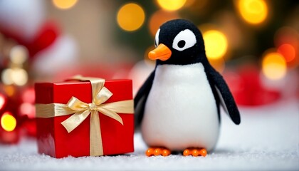 Naklejka premium penguin with a red gift box on a snow covered surface.
