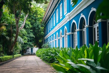 Naklejka premium Blue building with white trim and greenery.