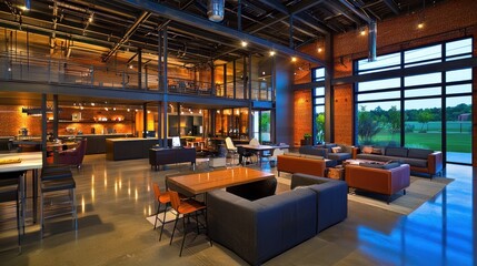 Fototapeta premium Modern open-space lounge with seating and kitchen area.