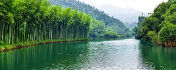 Serene Green Bamboo Forest River Landscape Tranquil Nature Scene Lush Foliage Calm Water
