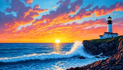 Obraz premium A serene and captivating seascape featuring a lighthouse standing tall against a backdrop of vast ocean waters.