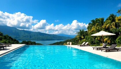 Fototapeta premium A serene tropical landscape featuring an infinity pool overlooking a body of water and mountains on the horizon.