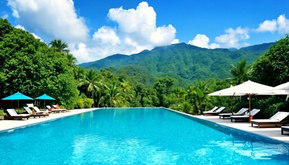 Fototapeta premium A large pool with blue water sits on a deck surrounded by palm trees and mountains.