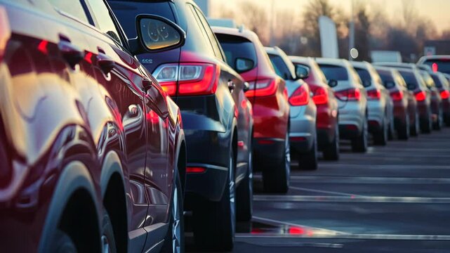 Multiple cars are lined up in heavy traffic as the sun sets, creating a vibrant atmosphere during the rush hour commute
