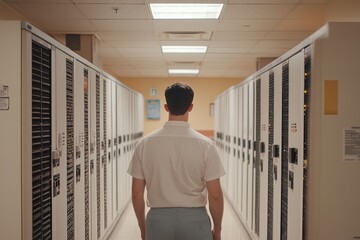 Young man stands alone in a long corridor lined with lockers at a school or gym during the day