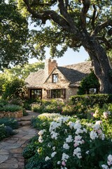 Charming stone cottage nestled in a lush garden setting under a large oak tree