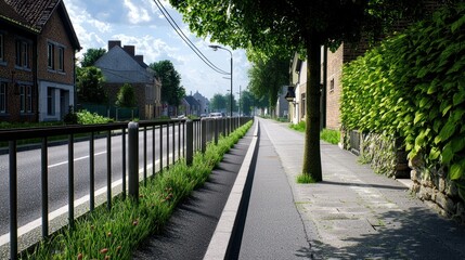 Obraz premium A serene street scene with greenery and a sidewalk beside the road.