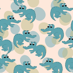 Animal seamless pattern with cartoon crocodiles on color background. Cute holiday illustration with crocodile for baby. Design for invitation, poster, card, fabric, textile, wrapper.