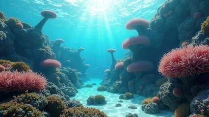 Obraz premium Futuristic floating structures covered in coral reef in clear tropical ocean water 