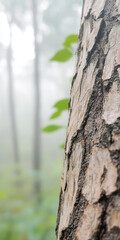 Obraz premium Close up of tree bark in misty forest setting with blurred background of tall trees