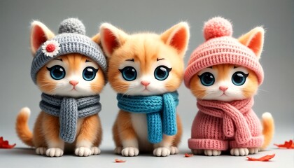 Fototapeta premium Cute Kittens Wearing Hats and Scarves.