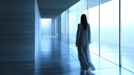Fototapeta premium Mysterious woman in flowing dress walking through a modern glass hallway with soft blue lighting, creating an ethereal and futuristic ambiance
