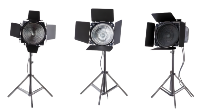 Studio lighting setup three views isolated on clear png background