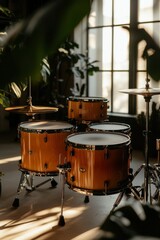 Fototapeta premium Drum set stands near window in room with sunlight & plants. Music themed background