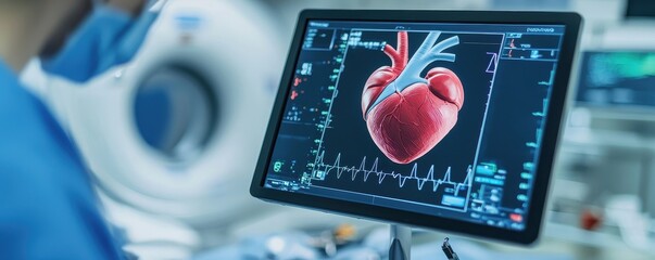 Fototapeta premium Medical Monitor Displaying 3D Heart Model and ECG Data in Hospital Setting