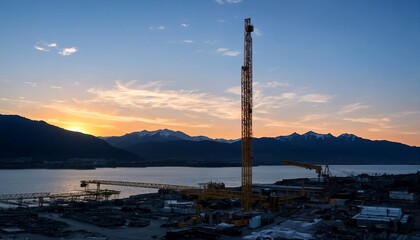Obraz premium The image shows two photographs of a construction site near a body of water at sunset.