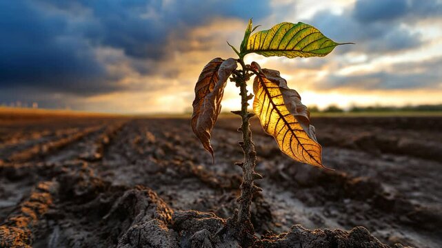 withered cocoa sprout tree under scorching sun, sunlight flare blue sky 