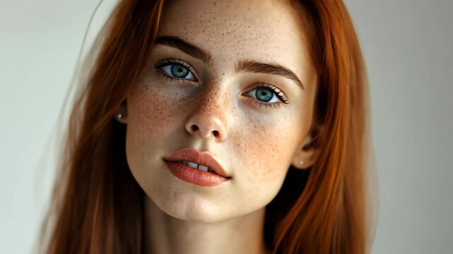 pretty freckle face Caucasian woman face portrait motion with plain background