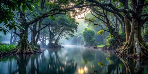 Fototapeta premium Dense foliage and twisted tree trunks line the murky waters of a dark jungle lake at dawn, darkness, mist, darkness, mist, nature