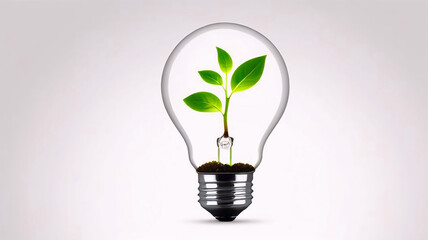 Green Energy Bulb with Leaves Inside, Eco Lightbulb Concept, Renewable Energy Symbol