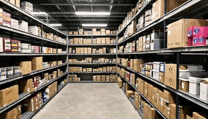 Fototapeta premium Storage room with metal shelving units and cardboard boxes.