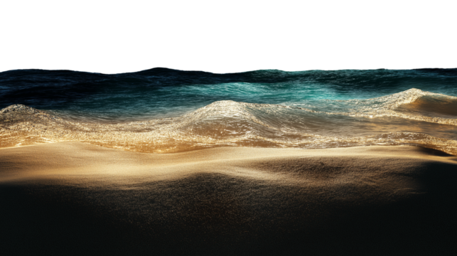 Summer beach with golden sand and clear blue water isolated on transparent white background