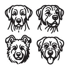 Four black and white outline drawings of dog manes, breeds and features. Icon, utline, isolated on white background, vector