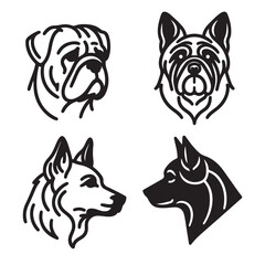 Four black and white outline drawings of dog manes, breeds and features. Icon, utline, isolated on white background, vector