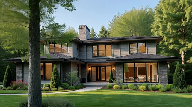  Contemporary home with a sleek design and large windows set against a backdrop of lush green trees and a clear blue sky creating a harmonious and elegant composition