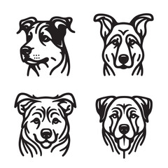 Four black and white outline drawings of dog manes, breeds and features. Icon, utline, isolated on white background, vector