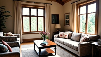 Obraz premium A cozy living room with natural light pouring in through the window, featuring a couch and coffee table arrangement amidst lush greenery outside.