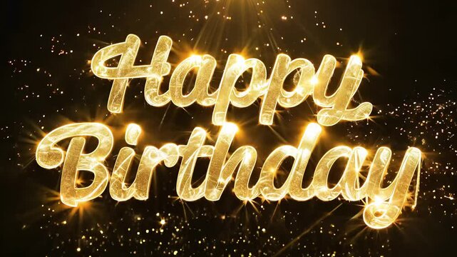 Sparkling happy birthday animation with golden fireworks celebration. Happy Birthday text illuminated against dark background with festive fireworks and sparkling effects