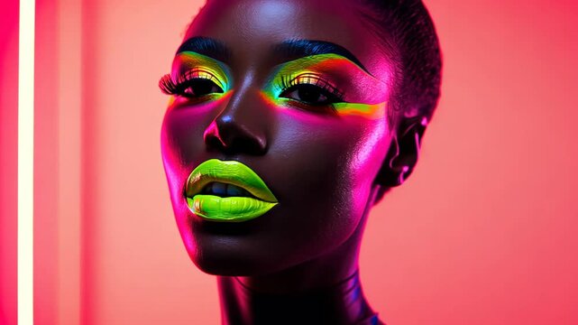 Vibrant neon makeup on black woman in creative fashion portrait. Stunning black model posing cosmetics makeup on vibrant neon colors background