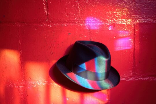 A fedora rests against a vibrant red textured brick wall