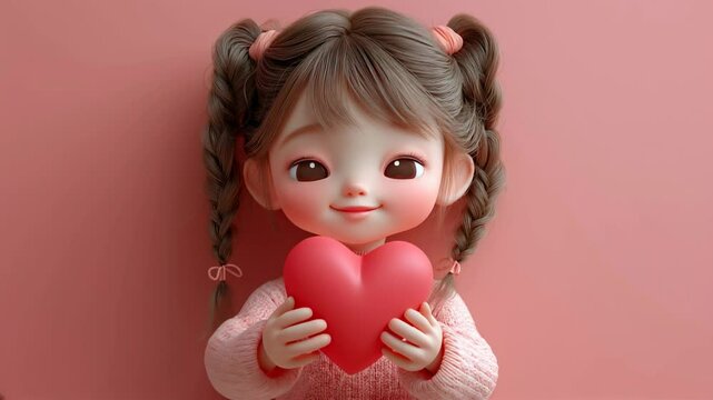 Cute 3D Cartoon Girl Offering a Heart-Shaped Gift &ndash; Sweet Gesture Animationอ