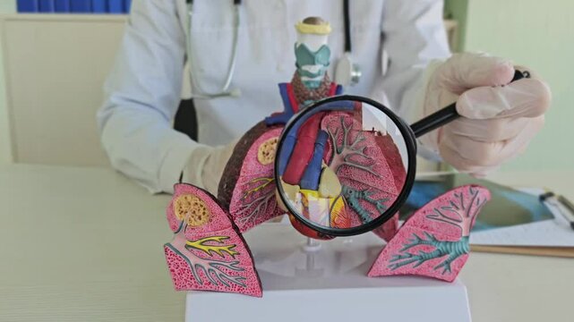 Health expert examines a detailed model of human lungs and heart in a clinical setting