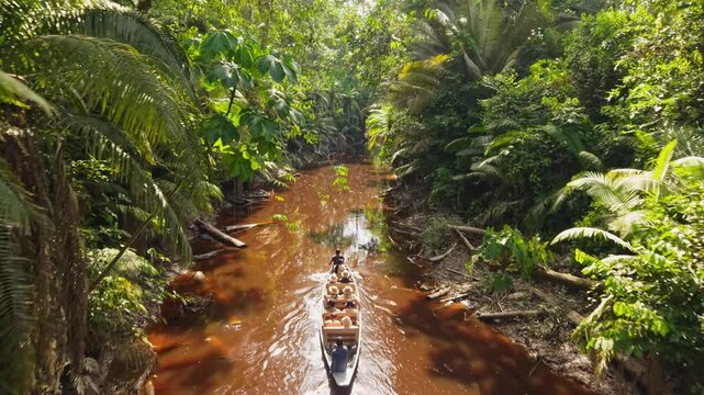Lush vegetation framing serene riverscape, indigenous paddlers navigate traditional canoe through verdant Amazon rainforest waterway