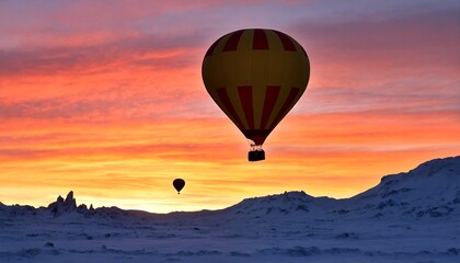 Naklejka premium Hot air balloons flying over snowy mountains at sunrise.