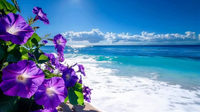 Purple Morning Glory Flowers with Gentle Sea Breeze and Serene Coastal Scenery