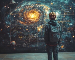 Surreal Cosmic Chalkboard Stars Planets and Equations Intertwine in a Captivating Educational Visualization