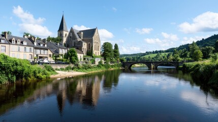 Fototapeta premium Scenic riverside view featuring a church and bridge under blue skies.