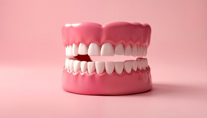 Obraz premium a pink and white 3d illustration of two sets of teeth, one on top of the other.