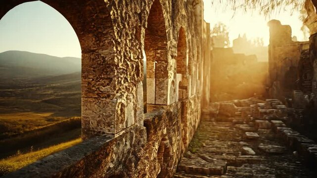 Old Fortress in Sun: The ancient architecture of the fortress stands tall, with its stone walls and archways bathed in the golden light of the sun.
