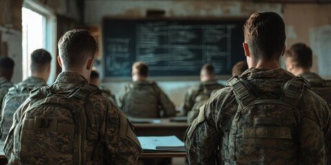Military cadets in camouflage uniforms attending classroom lecture, seated in rows, focused on strategic training and tactical education.