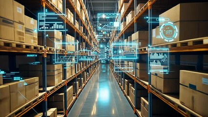 Futuristic warehouse automation with ai technology and smart logistics. Smart futuristic warehouse with automated inventory tracking and digital logistics system - Powered by Adobe