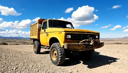 an old yellow truck parked on a dirt road in a desert landscape.