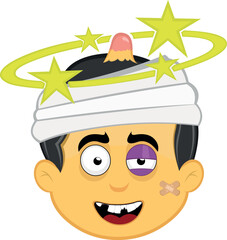 vector illustration yellow emoji character male, hurt with a black eye and seeing stars